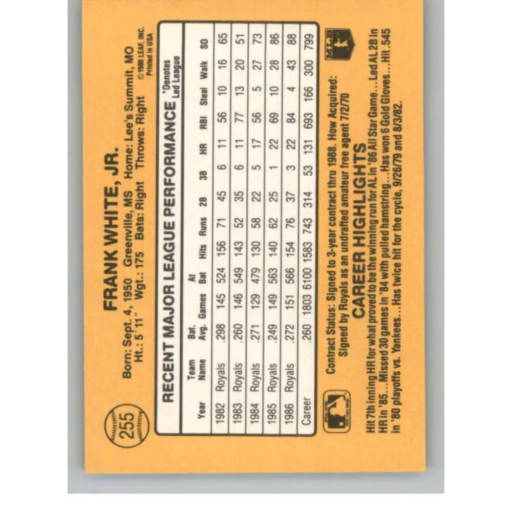 1987 Donruss #255 Frank White EX Excellent Kansas City Royals Baseball Card  Image 2