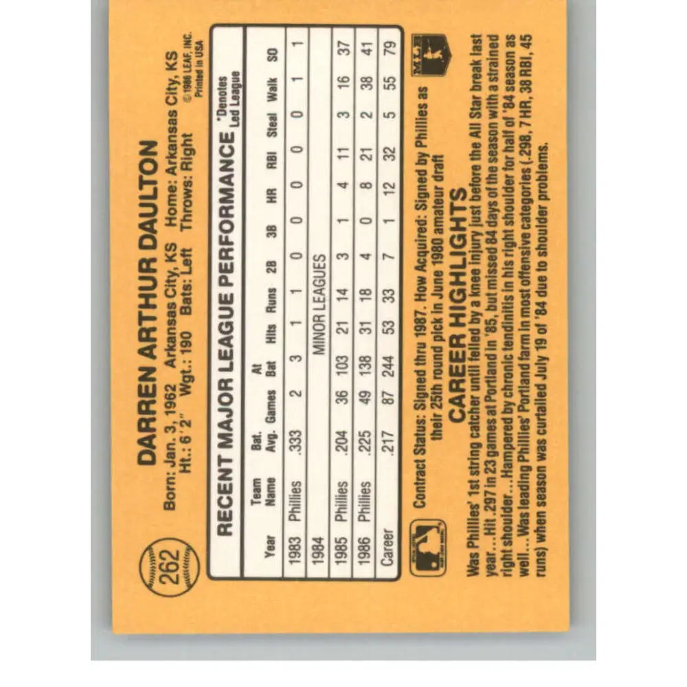 1987 Donruss #262 Darren Daulton EX Excellent Philadelphia Phillies Baseball Card  Image 2