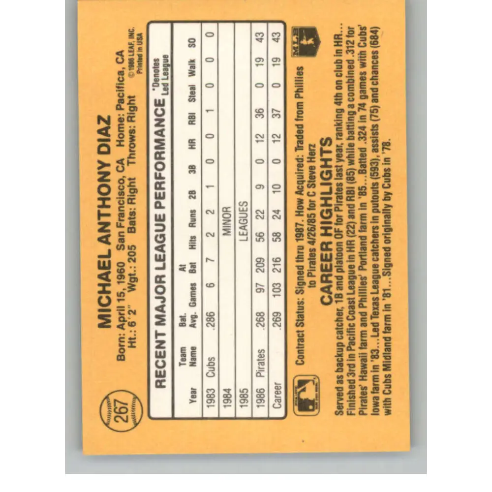 1987 Donruss #267 Mike Diaz EX Excellent RC Rookie Pittsburgh Pirates Baseball Card  Image 2