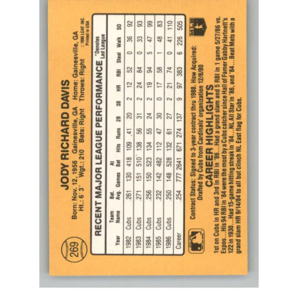 1987 Donruss #269 Jody Davis EX Excellent Chicago Cubs Baseball Card  Image 2