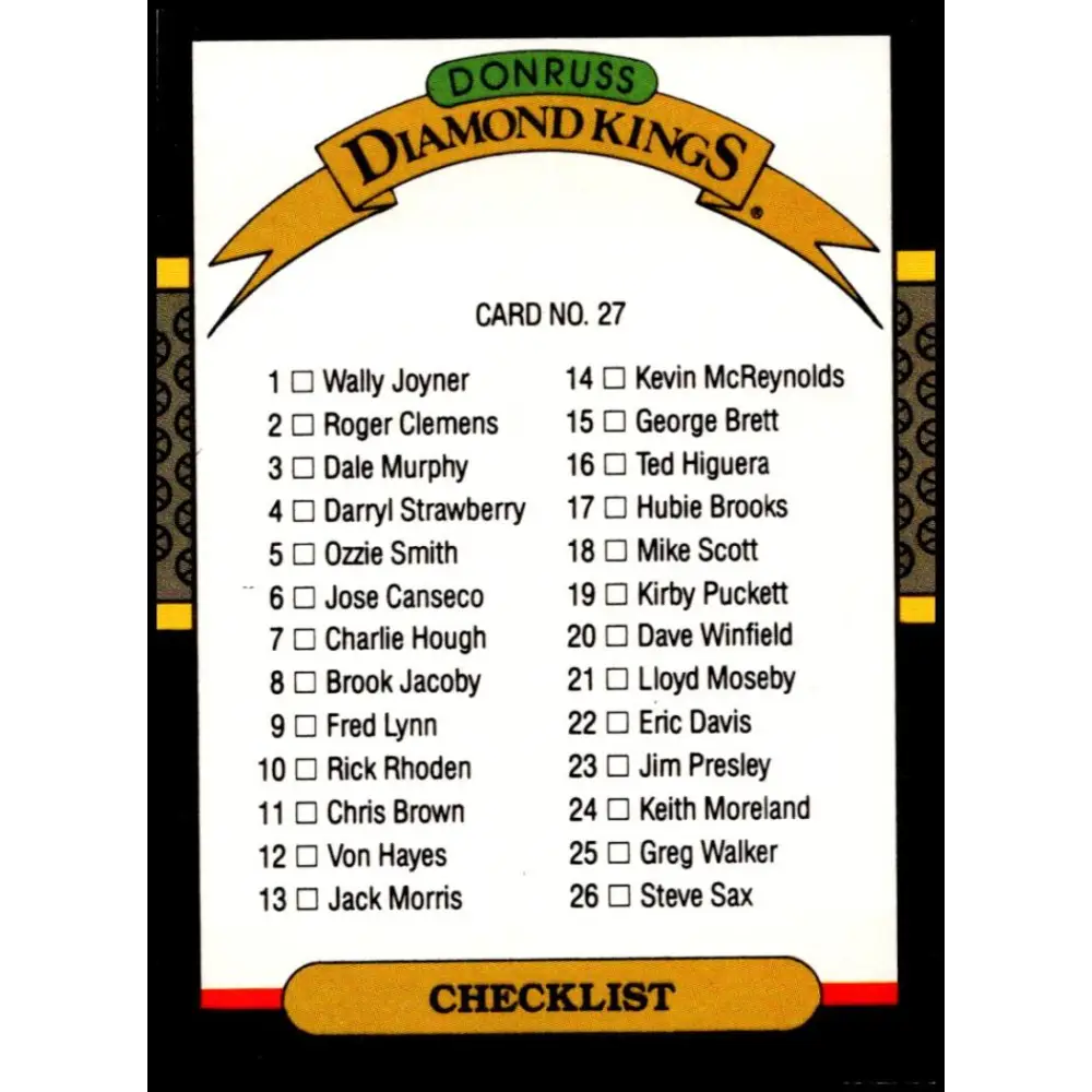 1987 Donruss #27 Diamond Kings Checklist 1-26 EX Excellent Baseball Card  Image 1