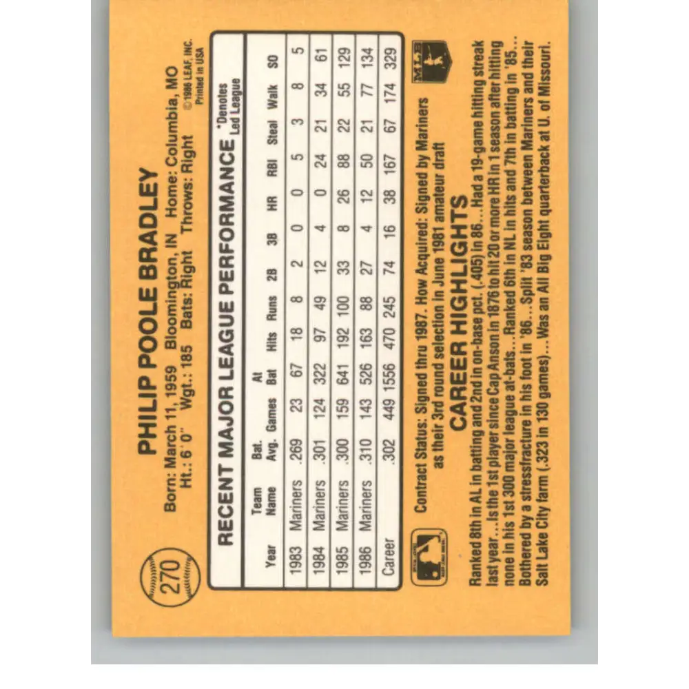 1987 Donruss #270 Phil Bradley EX Excellent Seattle Mariners Baseball Card  Image 2