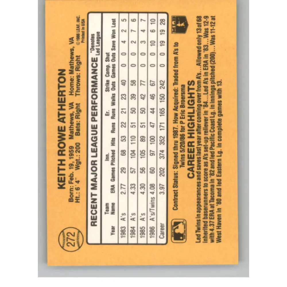 1987 Donruss #272 Keith Atherton EX Excellent Minnesota Twins Baseball Card  Image 2