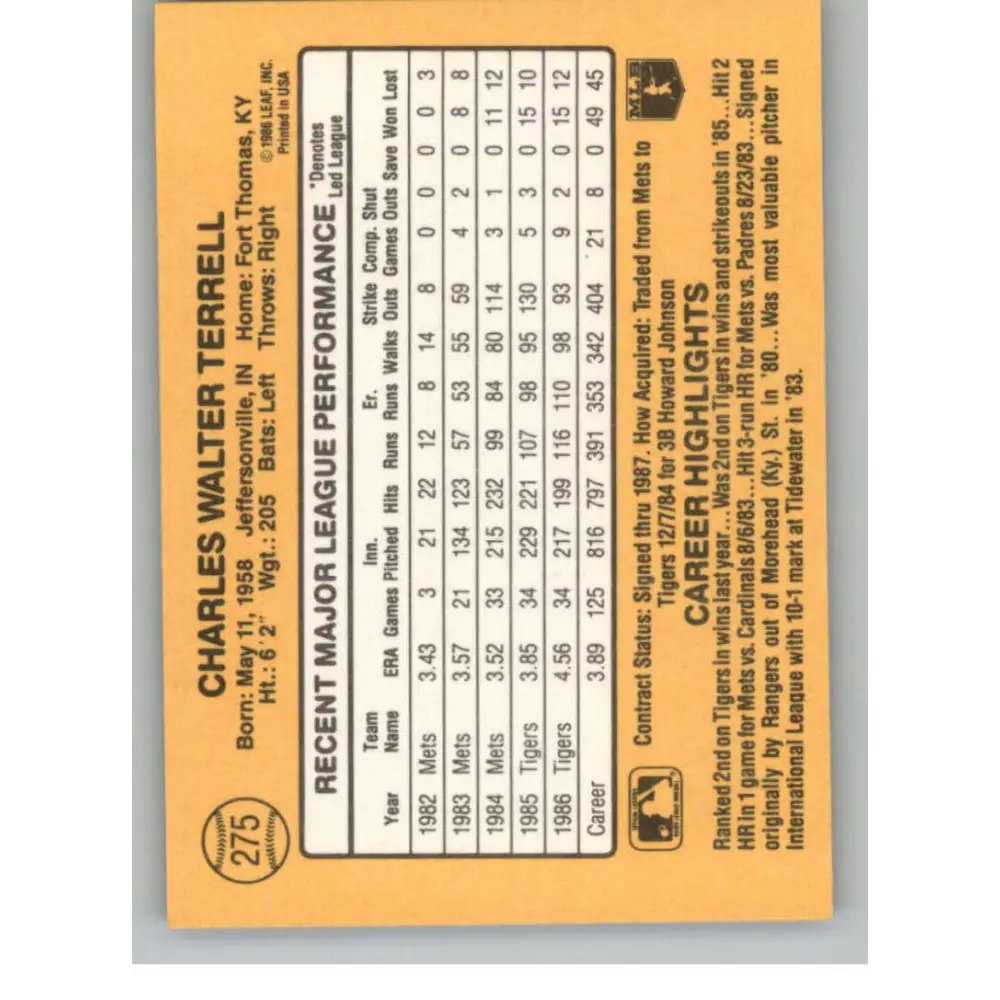 1987 Donruss #275 Walt Terrell EX Excellent Detroit Tigers Baseball Card  Image 2