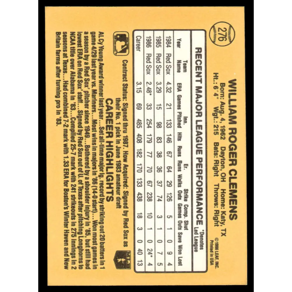 1987 Donruss #276 Roger Clemens EX/NM Boston Red Sox Baseball Card Image 2
