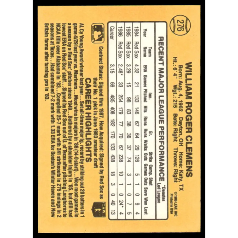 1987 Donruss #276 Roger Clemens EX/NM Boston Red Sox Baseball Card Image 2