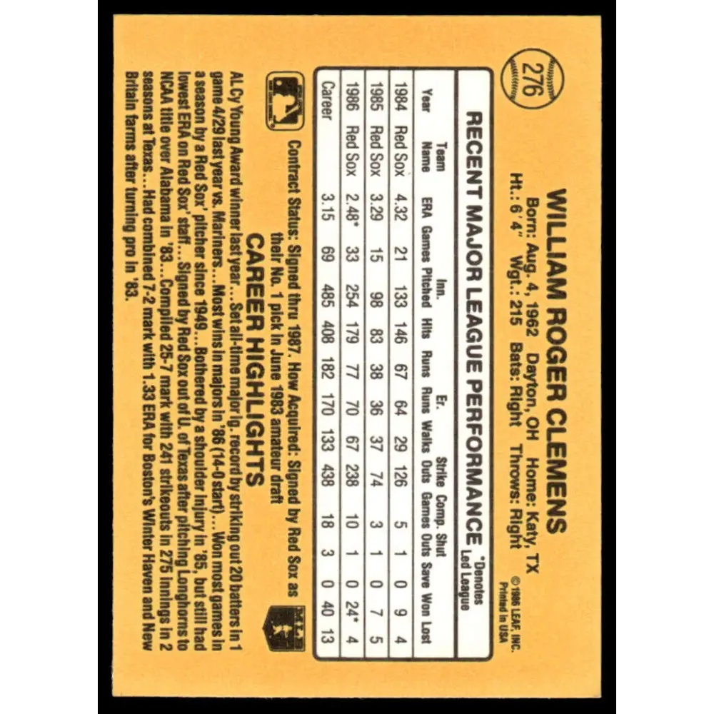 1987 Donruss #276 Roger Clemens EX/NM Boston Red Sox Baseball Card Image 2