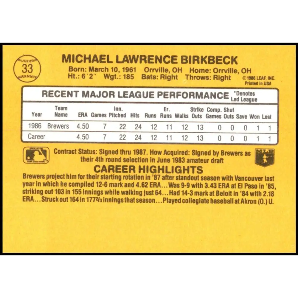 1987 Donruss #28 B.J. Surhoff EX Excellent RC Rookie Milwaukee Brewers Baseball Card  Image 2