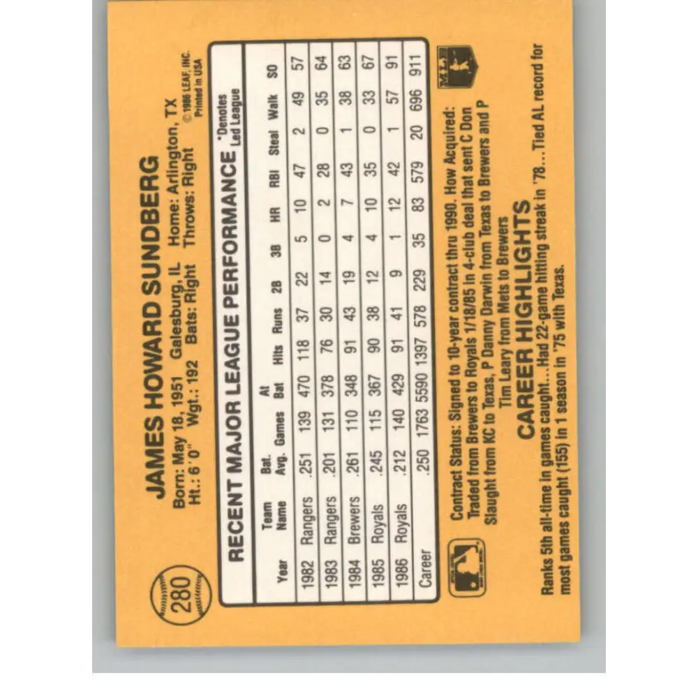 1987 Donruss #280 Jim Sundberg EX Excellent Kansas City Royals Baseball Card  Image 2
