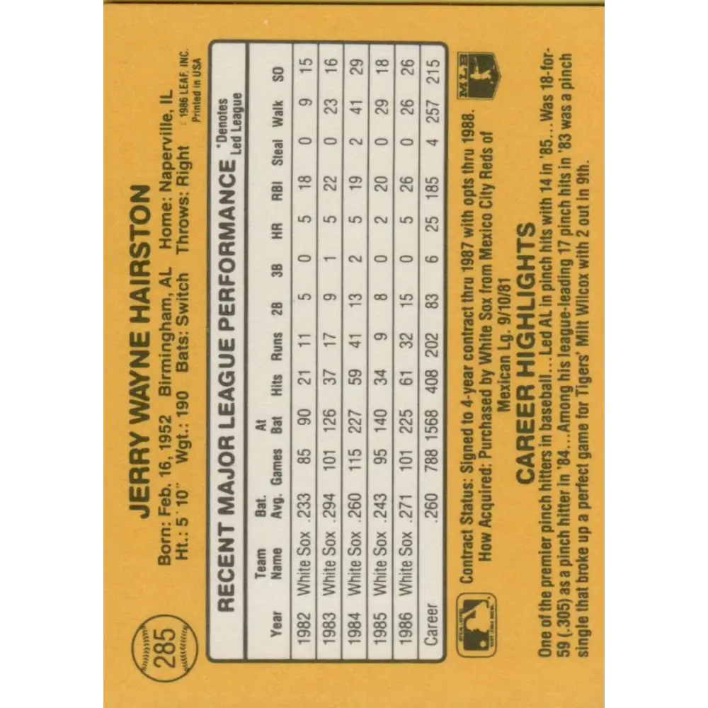 1987 Donruss #285 Jerry Hairston EX Excellent Chicago White Sox Baseball Card  Image 2