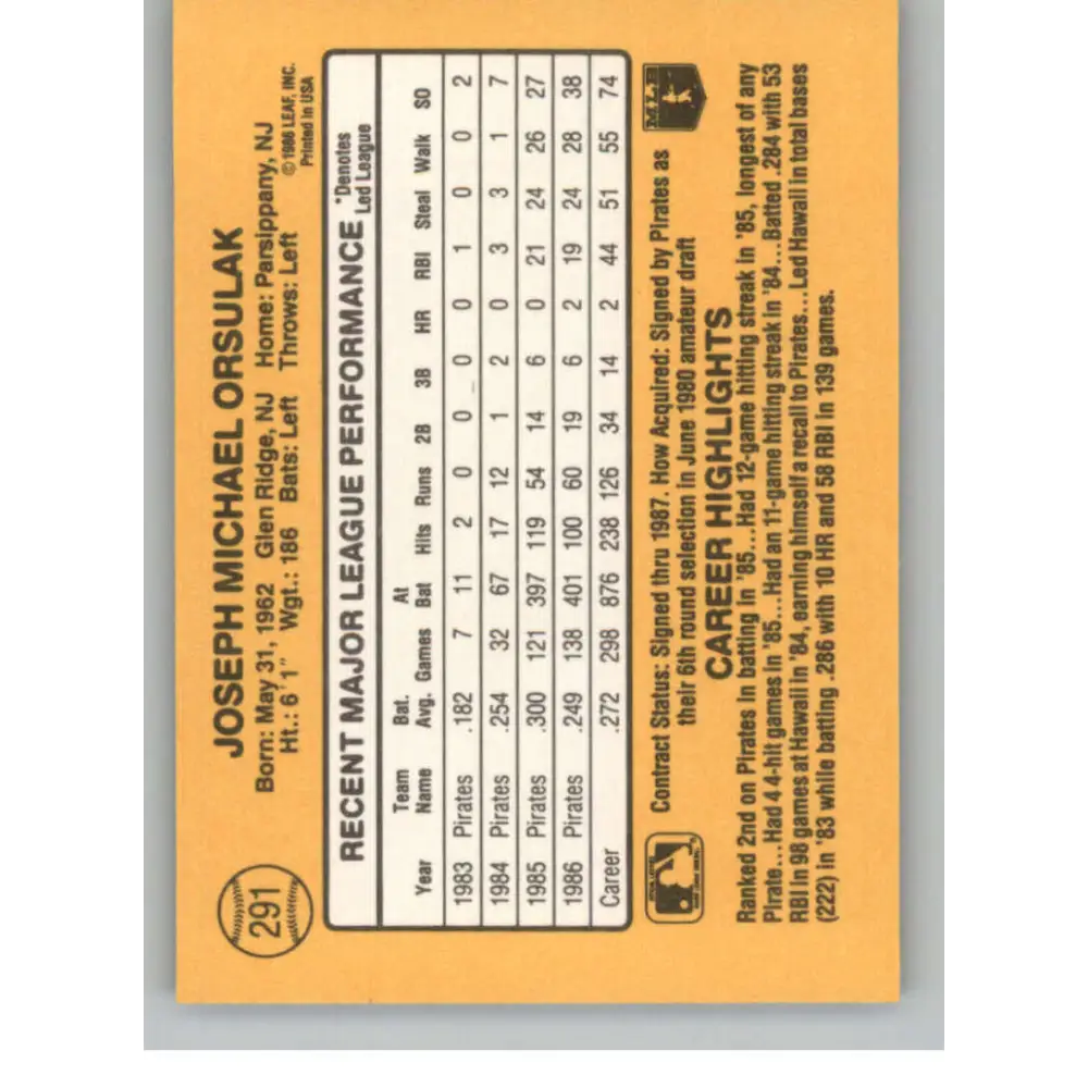1987 Donruss #291 Joe Orsulak EX Excellent Pittsburgh Pirates Baseball Card  Image 2