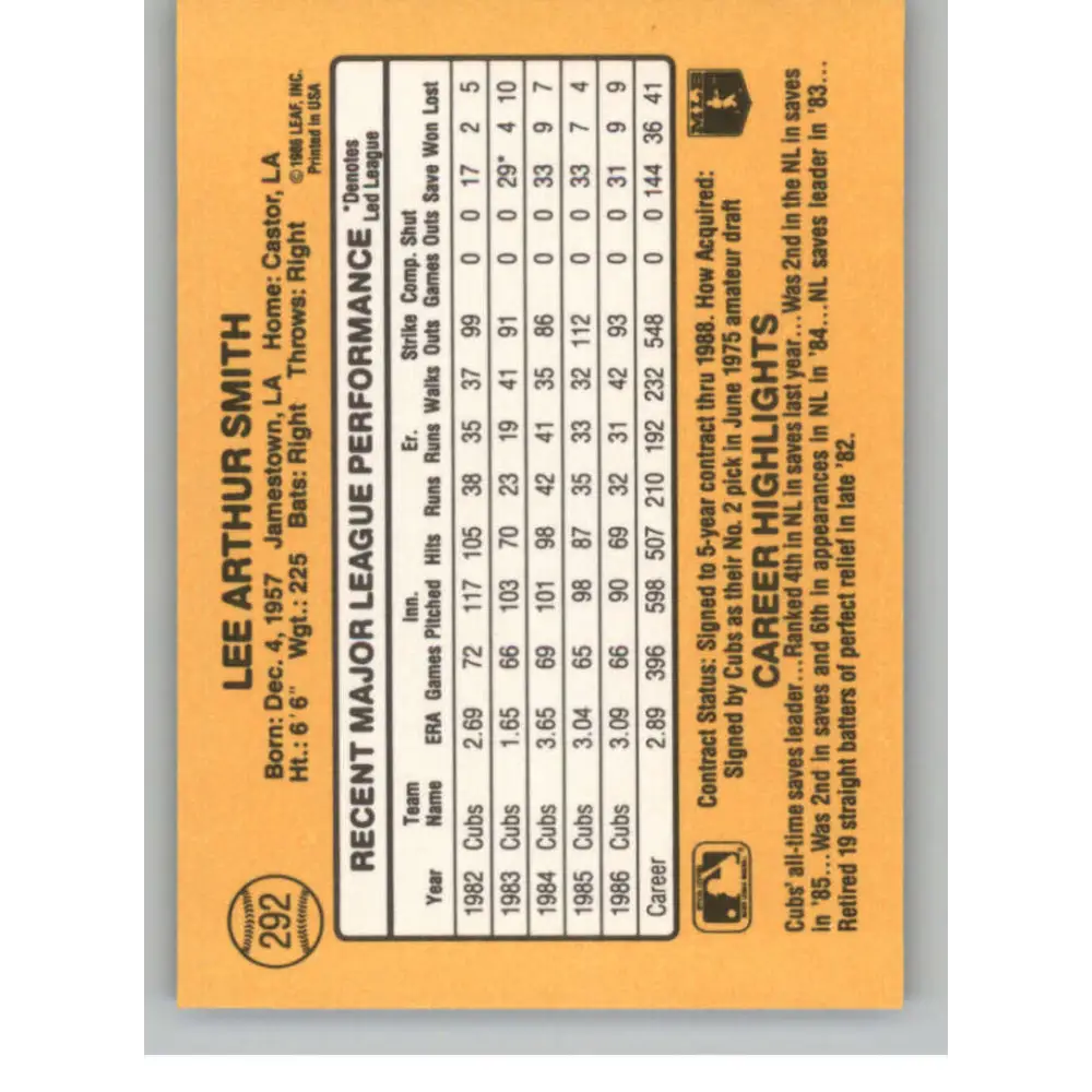 1987 Donruss #292 Lee Smith EX Excellent Chicago Cubs Baseball Card  Image 2
