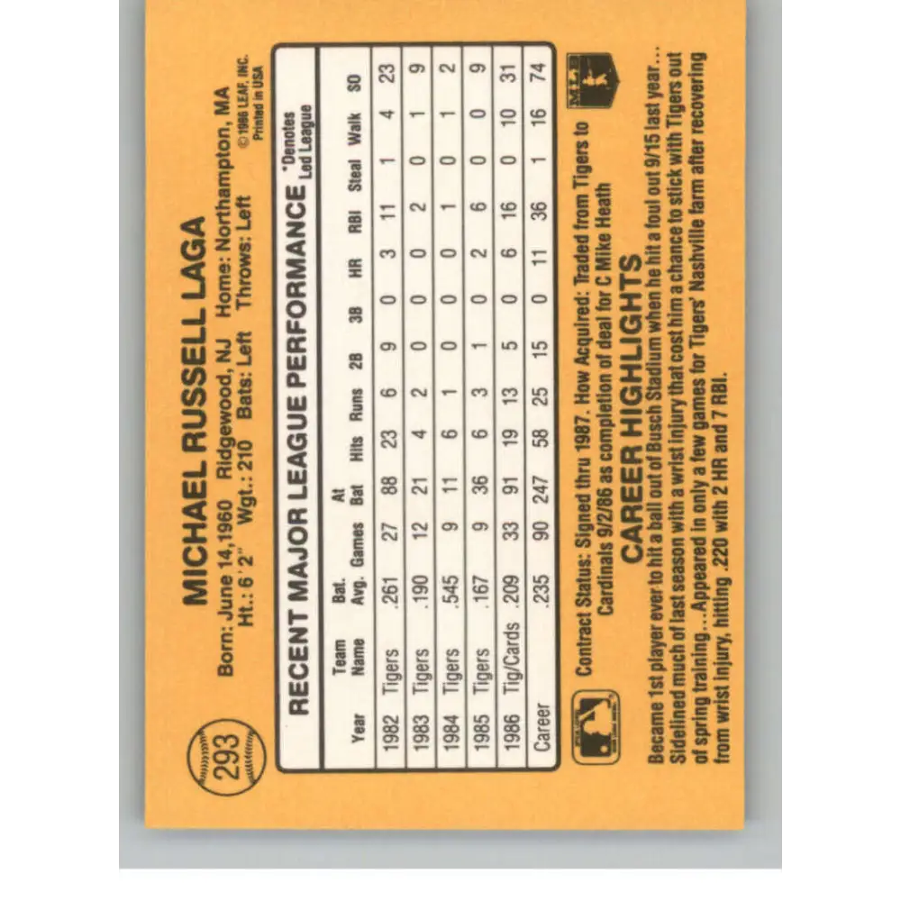 1987 Donruss #293 Mike Laga EX Excellent St. Louis Cardinals Baseball Card  Image 2
