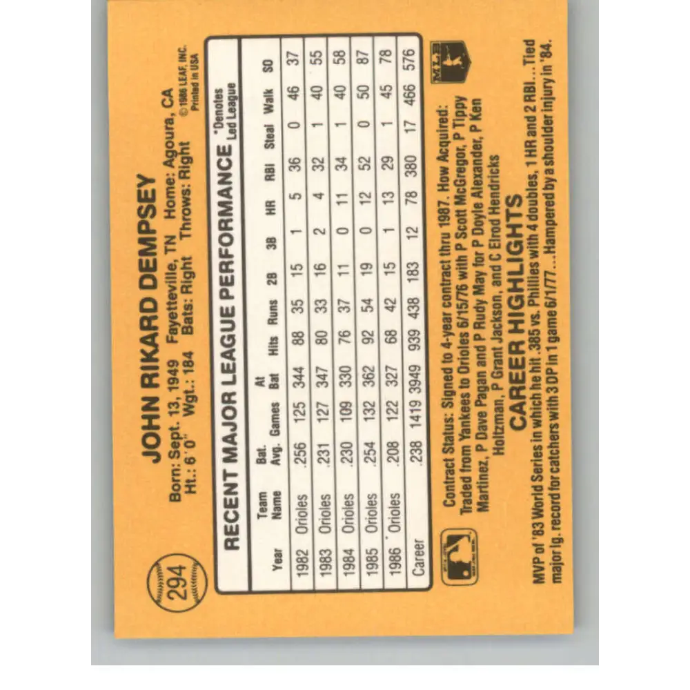1987 Donruss #294 Rick Dempsey EX Excellent Baltimore Orioles Baseball Card  Image 2