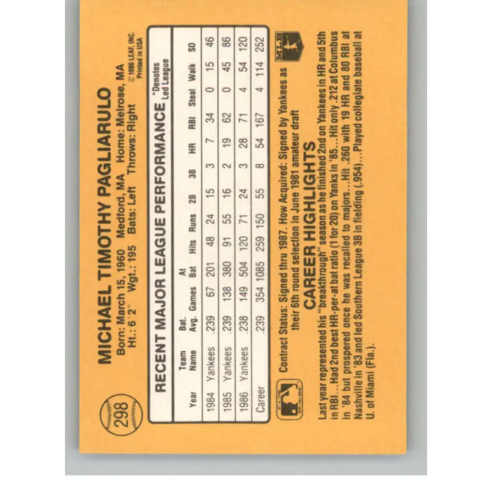 1987 Donruss #298 Mike Pagliarulo EX Excellent New York Yankees Baseball Card  Image 2
