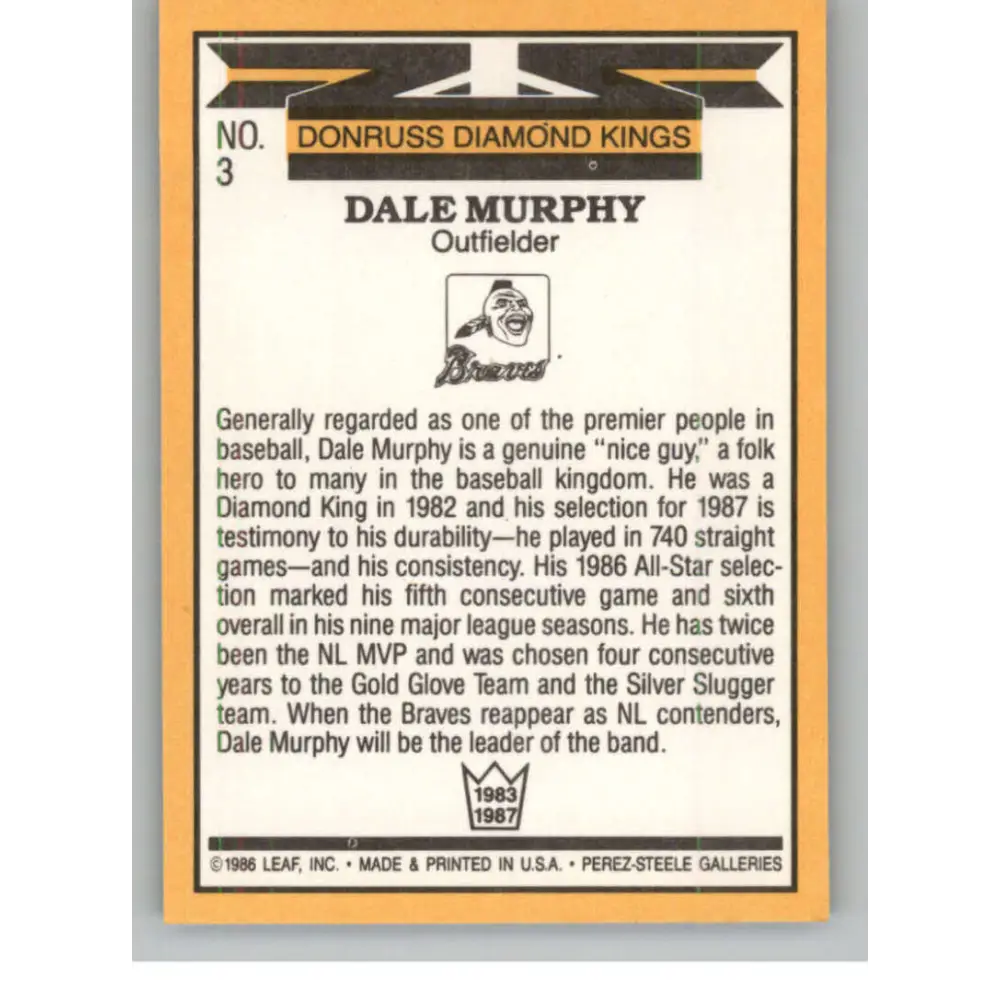 1987 Donruss #3 Dale Murphy EX Excellent Atlanta Braves Baseball Card  Image 2