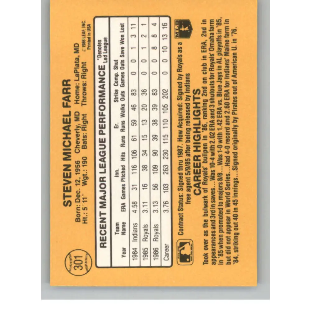 1987 Donruss #301 Steve Farr EX Excellent Kansas City Royals Baseball Card  Image 2