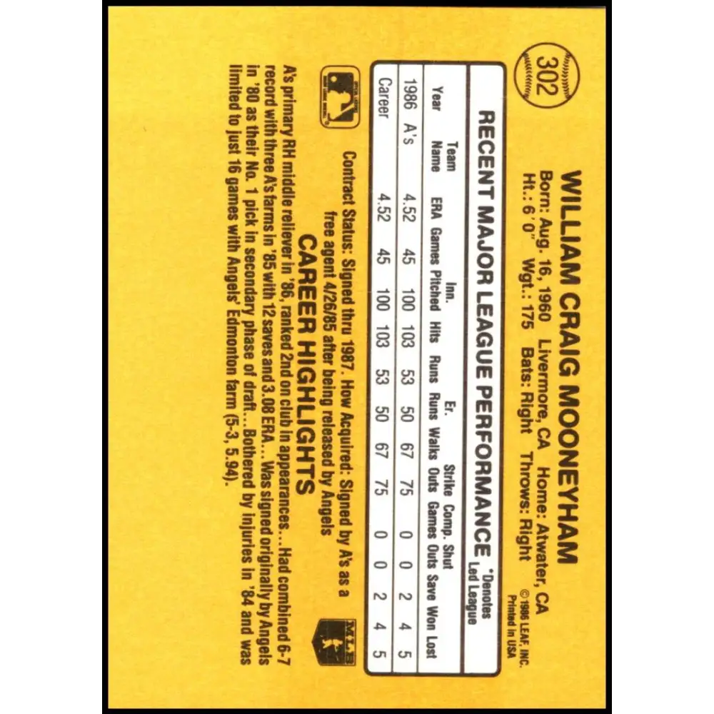 1987 Donruss #302 Bill Mooneyham EX Excellent RC Rookie Oakland Athletics Baseball Card  Image 2