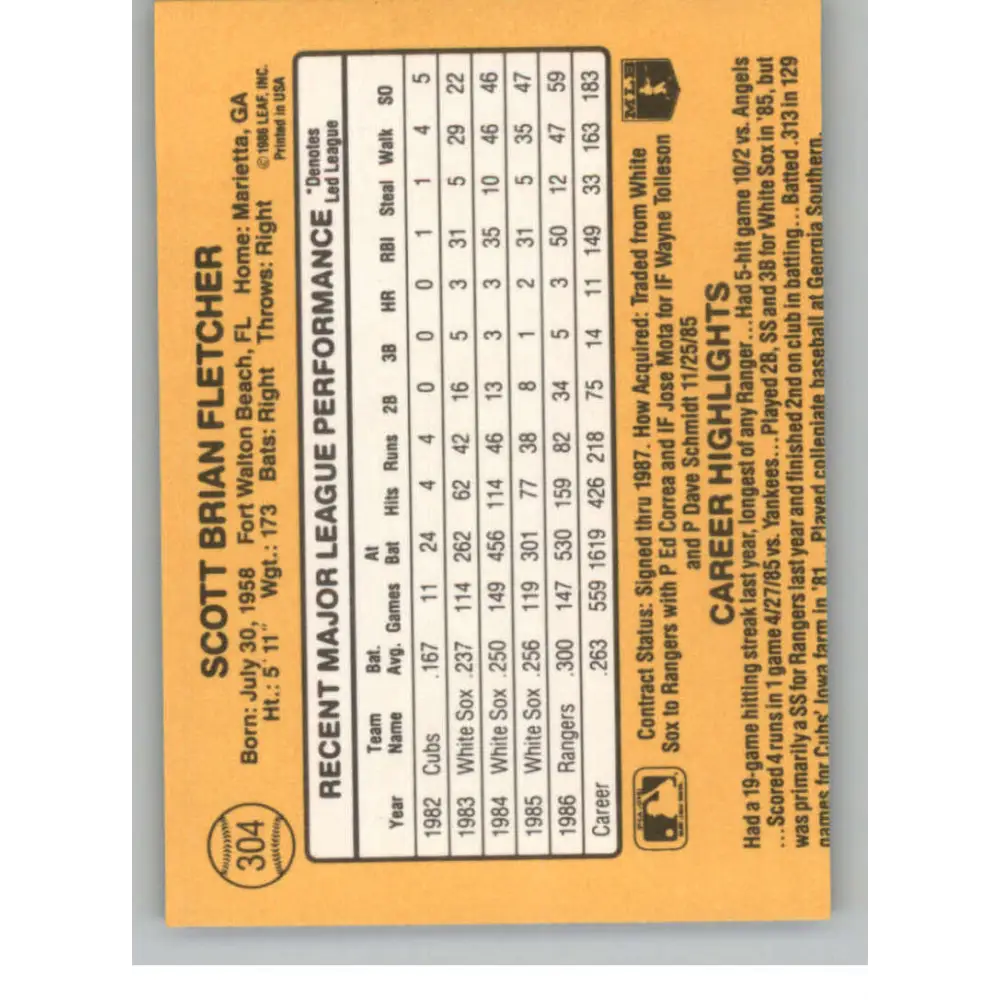 1987 Donruss #304 Scott Fletcher EX Excellent Texas Rangers Baseball Card  Image 2