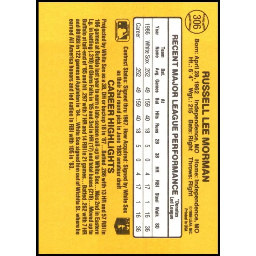 1987 Donruss #306 Russ Morman EX Excellent RC Rookie Chicago White Sox Baseball Card  Image 2