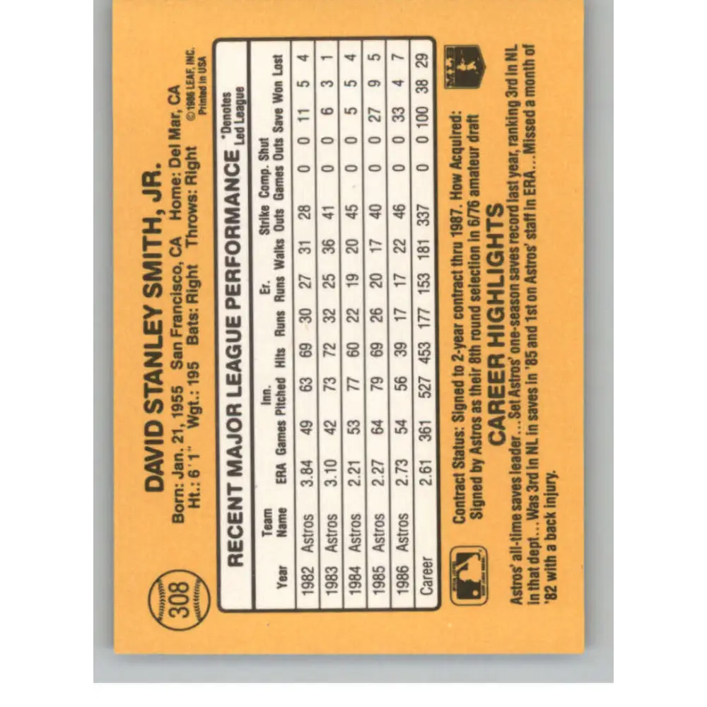 1987 Donruss #308 Dave Smith EX Excellent Houston Astros Baseball Card  Image 2