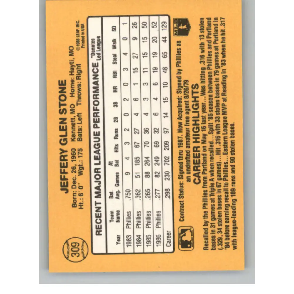 1987 Donruss #309 Jeff Stone EX Excellent Philadelphia Phillies Baseball Card  Image 2