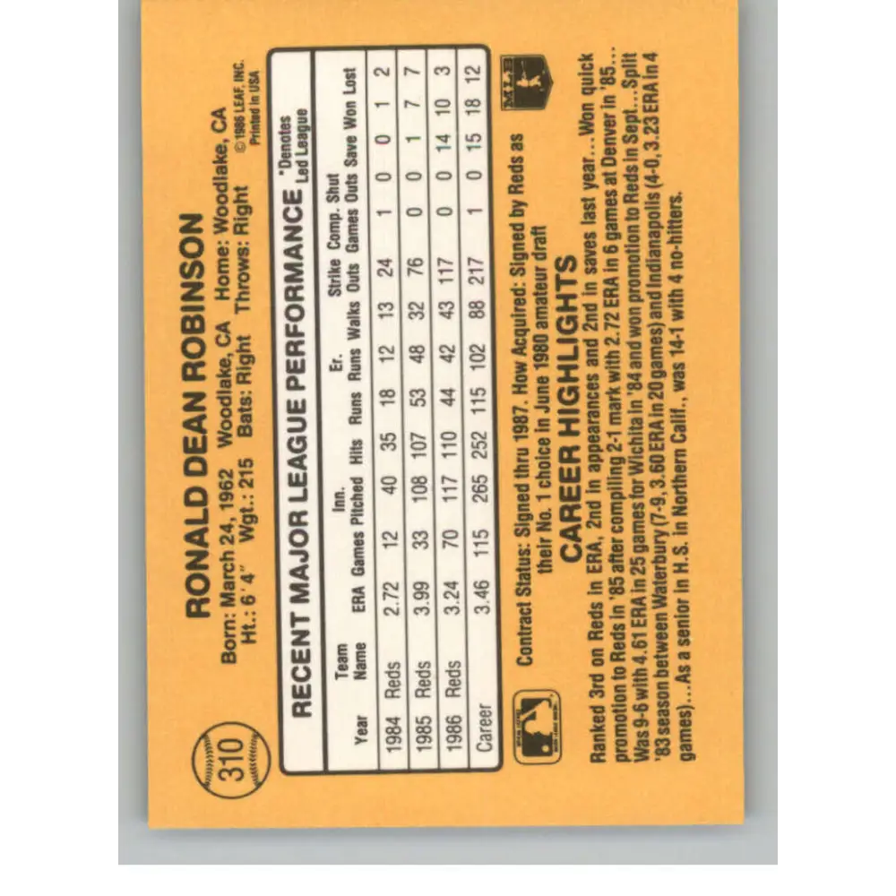 1987 Donruss #310 Ron Robinson EX Excellent Cincinnati Reds Baseball Card  Image 2