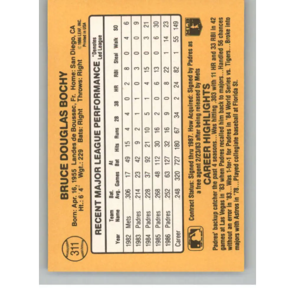 1987 Donruss #311 Bruce Bochy EX Excellent San Diego Padres Baseball Card  Image 2