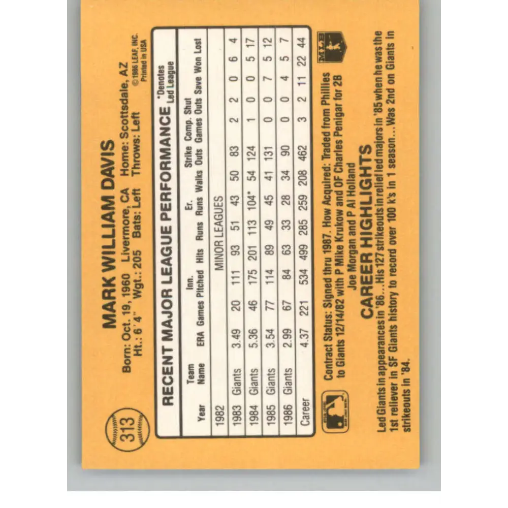 1987 Donruss #313 Mark Davis EX Excellent San Francisco Giants Baseball Card  Image 2
