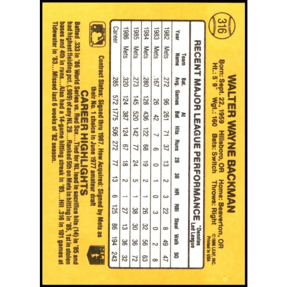 1987 Donruss #316 Wally Backman EX Excellent New York Mets Baseball Card  Image 2