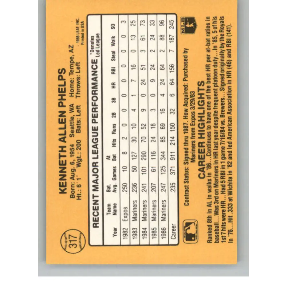 1987 Donruss #317 Ken Phelps EX Excellent Seattle Mariners Baseball Card  Image 2