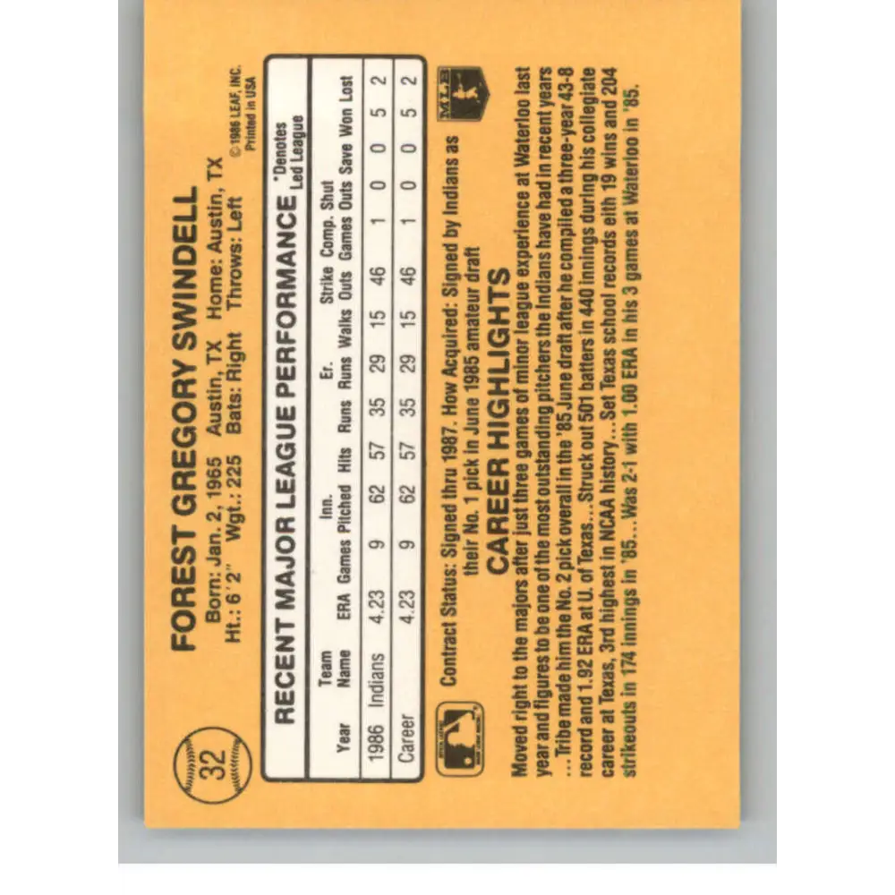 1987 Donruss #32 Greg Swindell EX Excellent RC Rookie Cleveland Indians Baseball Card  Image 2