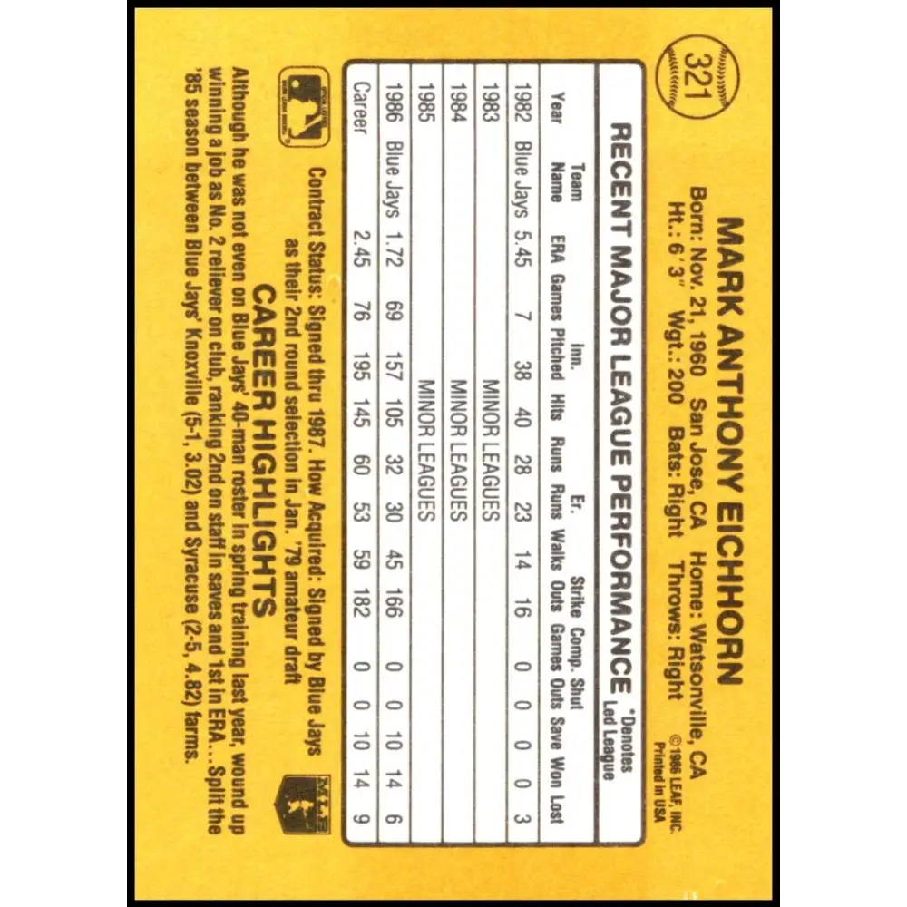 1987 Donruss #321 Mark Eichhorn EX Excellent RC Rookie Toronto Blue Jays Baseball Card  Image 2