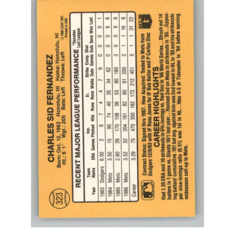 1987 Donruss #323 Sid Fernandez EX Excellent New York Mets Baseball Card  Image 2