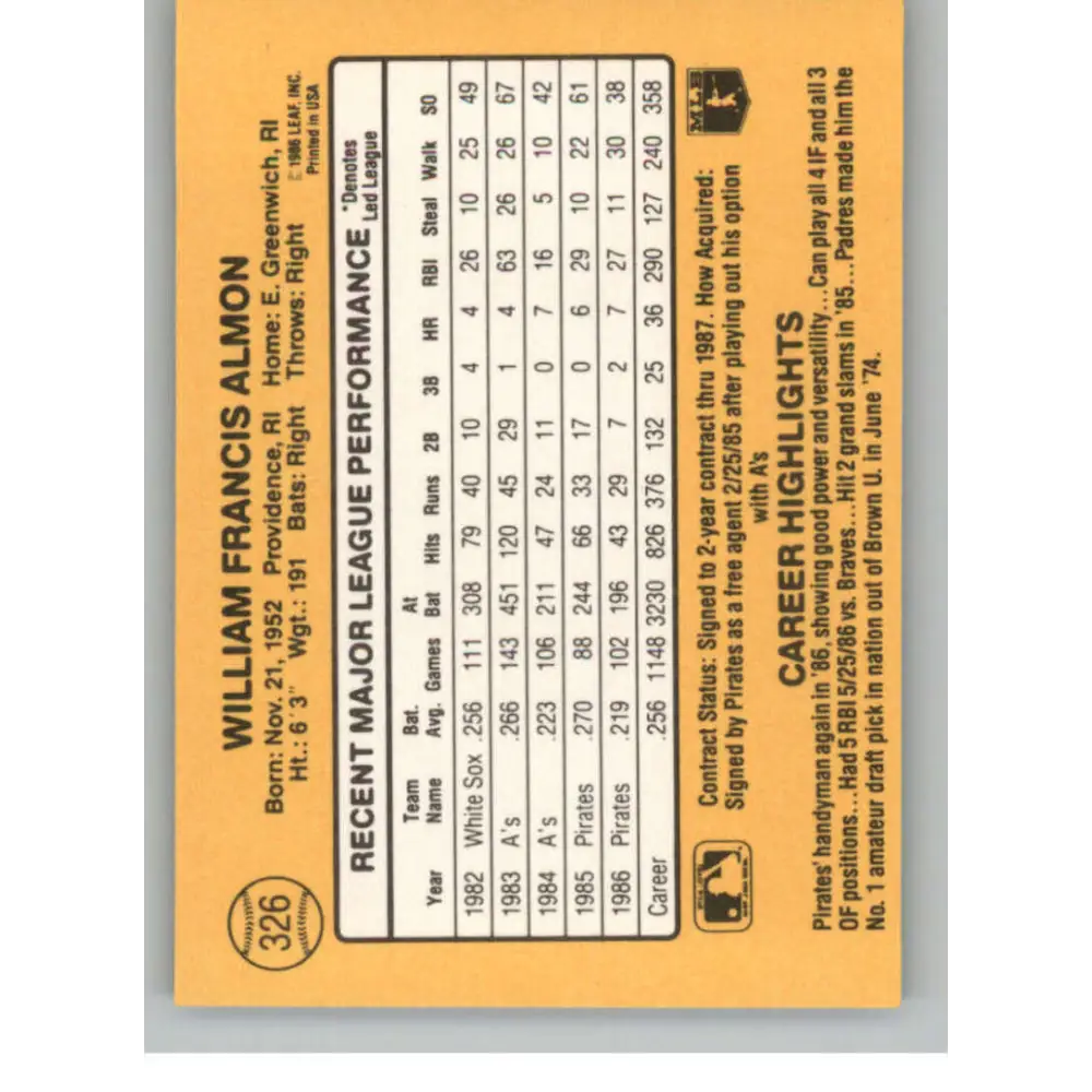 1987 Donruss #326 Bill Almon EX Excellent Pittsburgh Pirates Baseball Card  Image 2