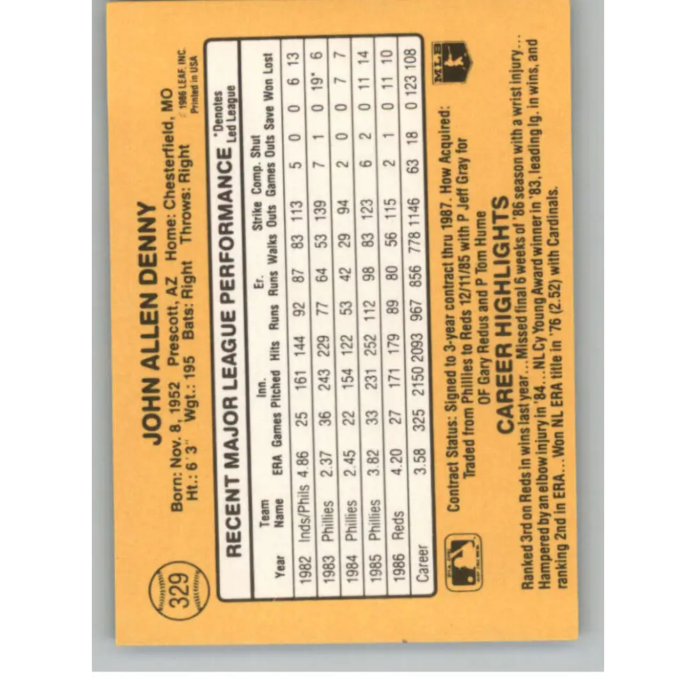 1987 Donruss #329 John Denny EX Excellent Cincinnati Reds Baseball Card  Image 2