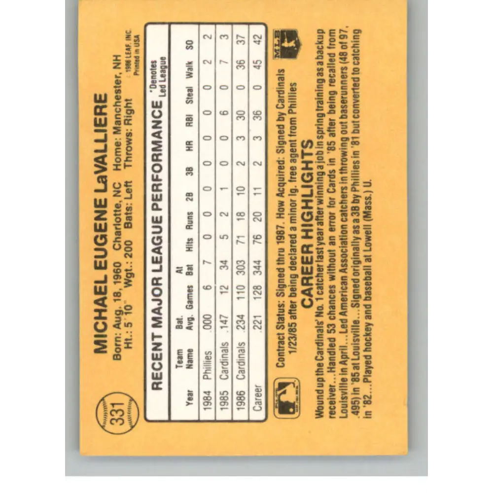 1987 Donruss #331 Mike LaValliere EX Excellent RC Rookie St. Louis Cardinals Baseball Card  Image 2