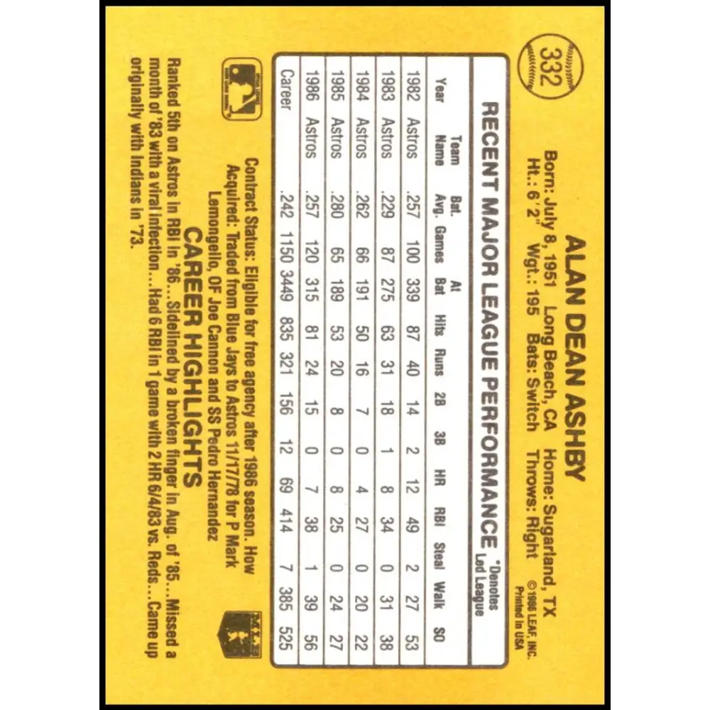 1987 Donruss #332 Alan Ashby EX Excellent Houston Astros Baseball Card  Image 2