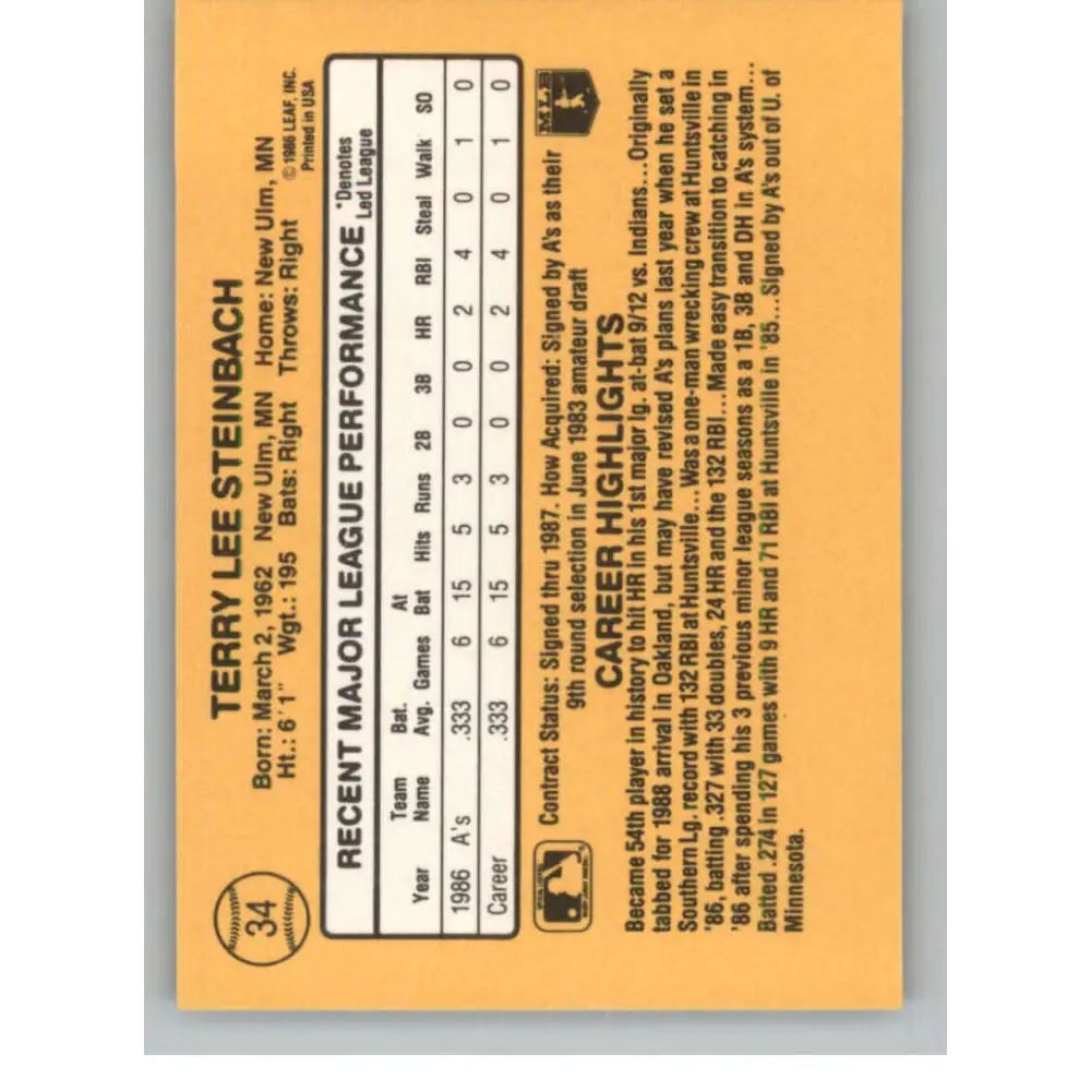 1987 Donruss #34 Terry Steinbach EX Excellent RC Rookie Oakland Athletics Baseball Card  Image 2