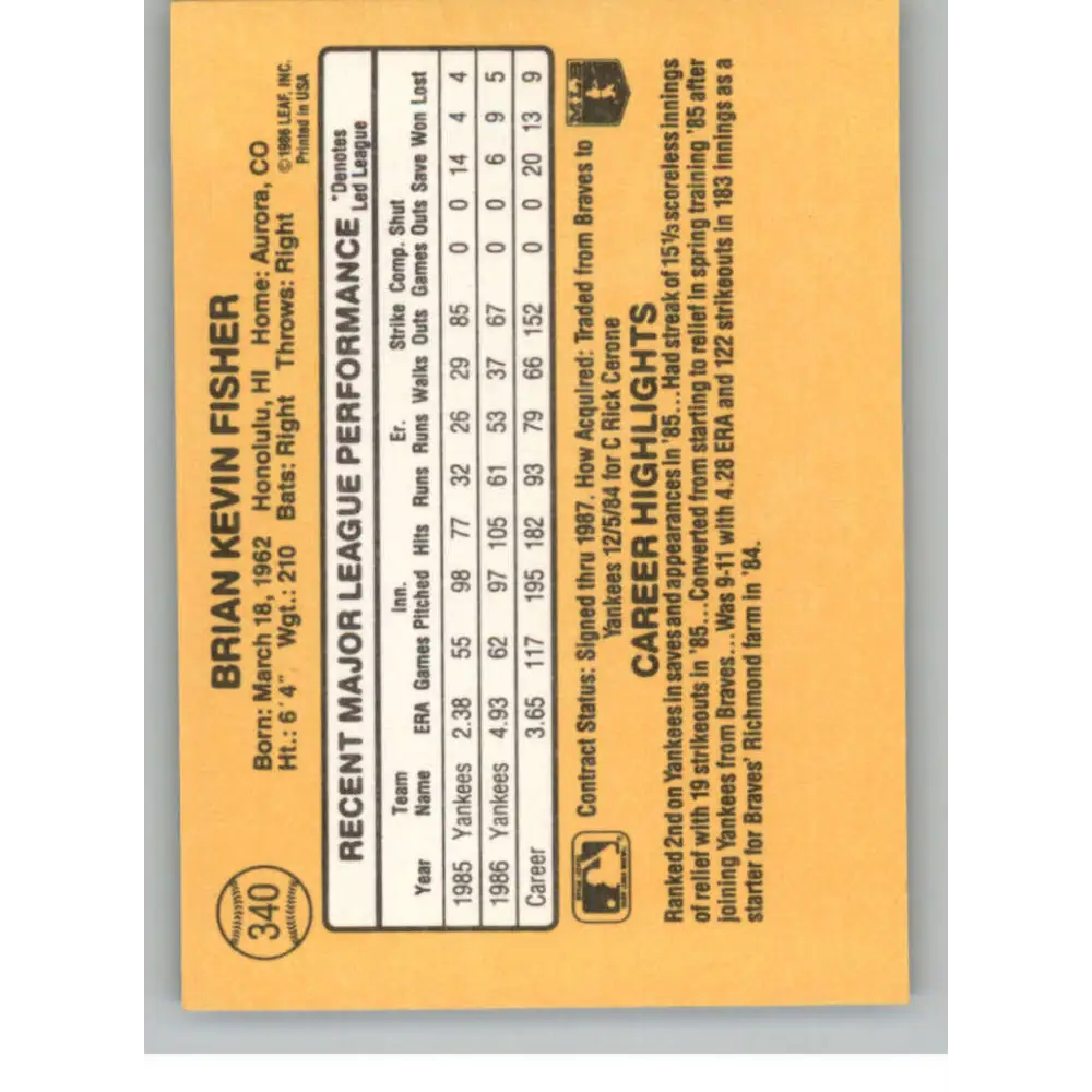 1987 Donruss #340 Brian Fisher EX Excellent New York Yankees Baseball Card  Image 2