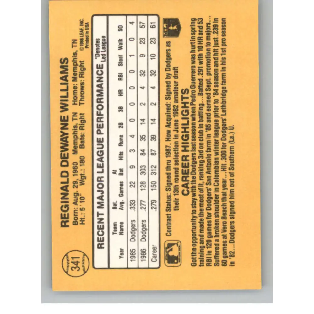 1987 Donruss #341 Reggie Williams EX Excellent Los Angeles Dodgers Baseball Card  Image 2