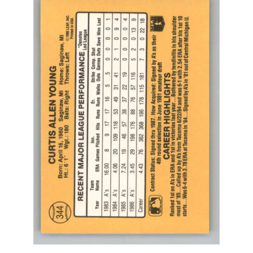 1987 Donruss #344 Curt Young EX Excellent Oakland Athletics Baseball Card  Image 2