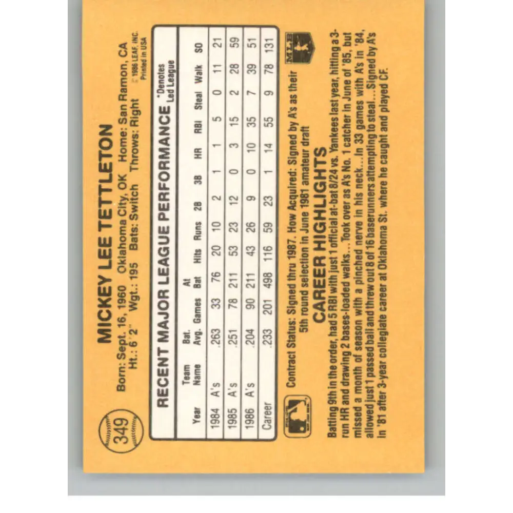 1987 Donruss #349 Mickey Tettleton EX Excellent Oakland Athletics Baseball Card  Image 2