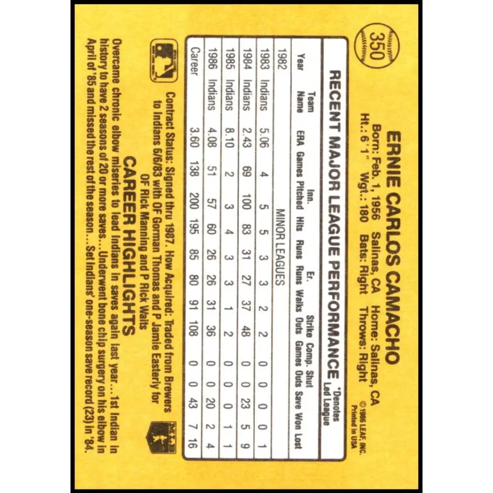 1987 Donruss #350 Ernie Camacho EX Excellent Cleveland Indians Baseball Card  Image 2