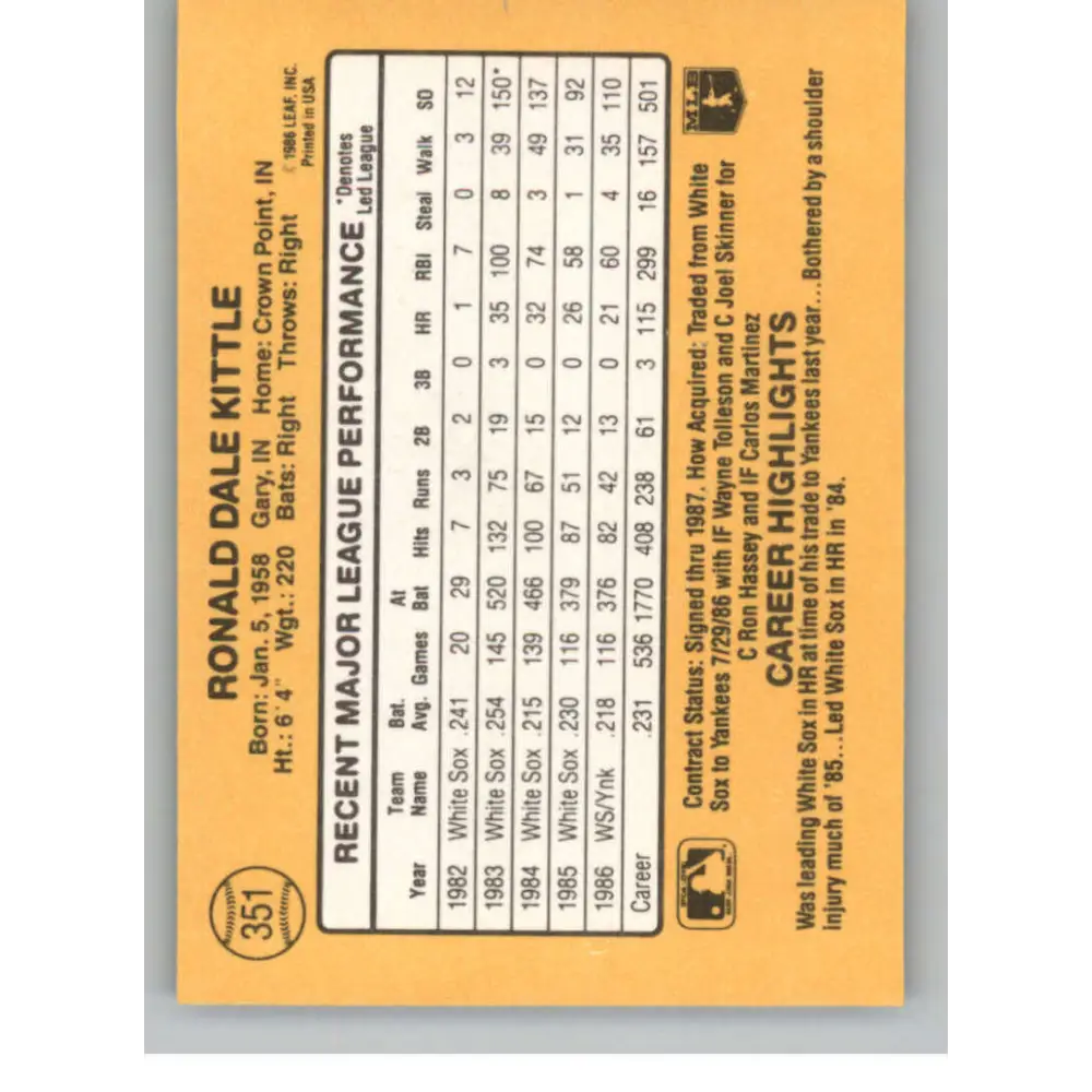 1987 Donruss #351 Ron Kittle EX Excellent New York Yankees Baseball Card  Image 2