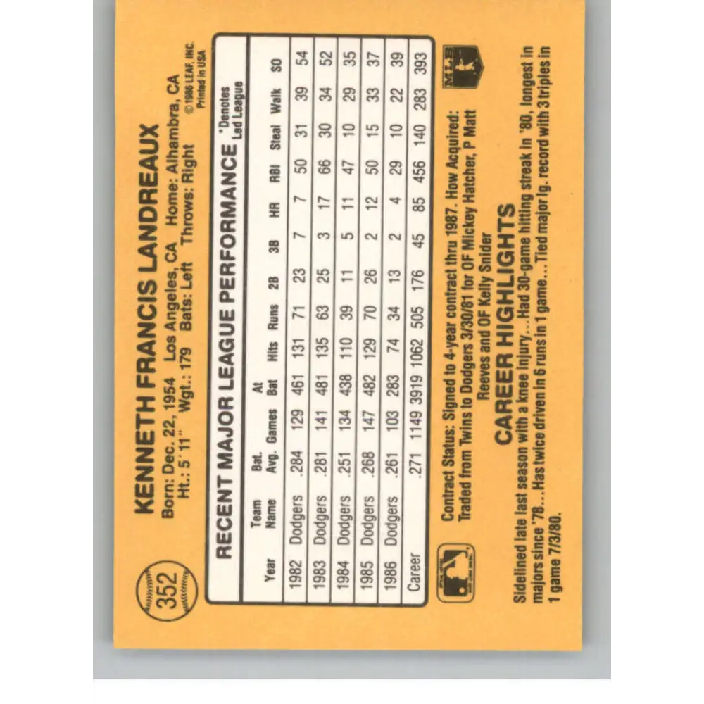 1987 Donruss #352 Ken Landreaux EX Excellent Los Angeles Dodgers Baseball Card  Image 2