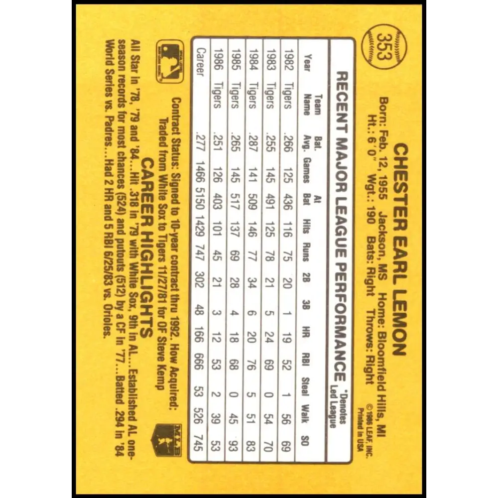 1987 Donruss #353 Chet Lemon EX Excellent Detroit Tigers Baseball Card  Image 2