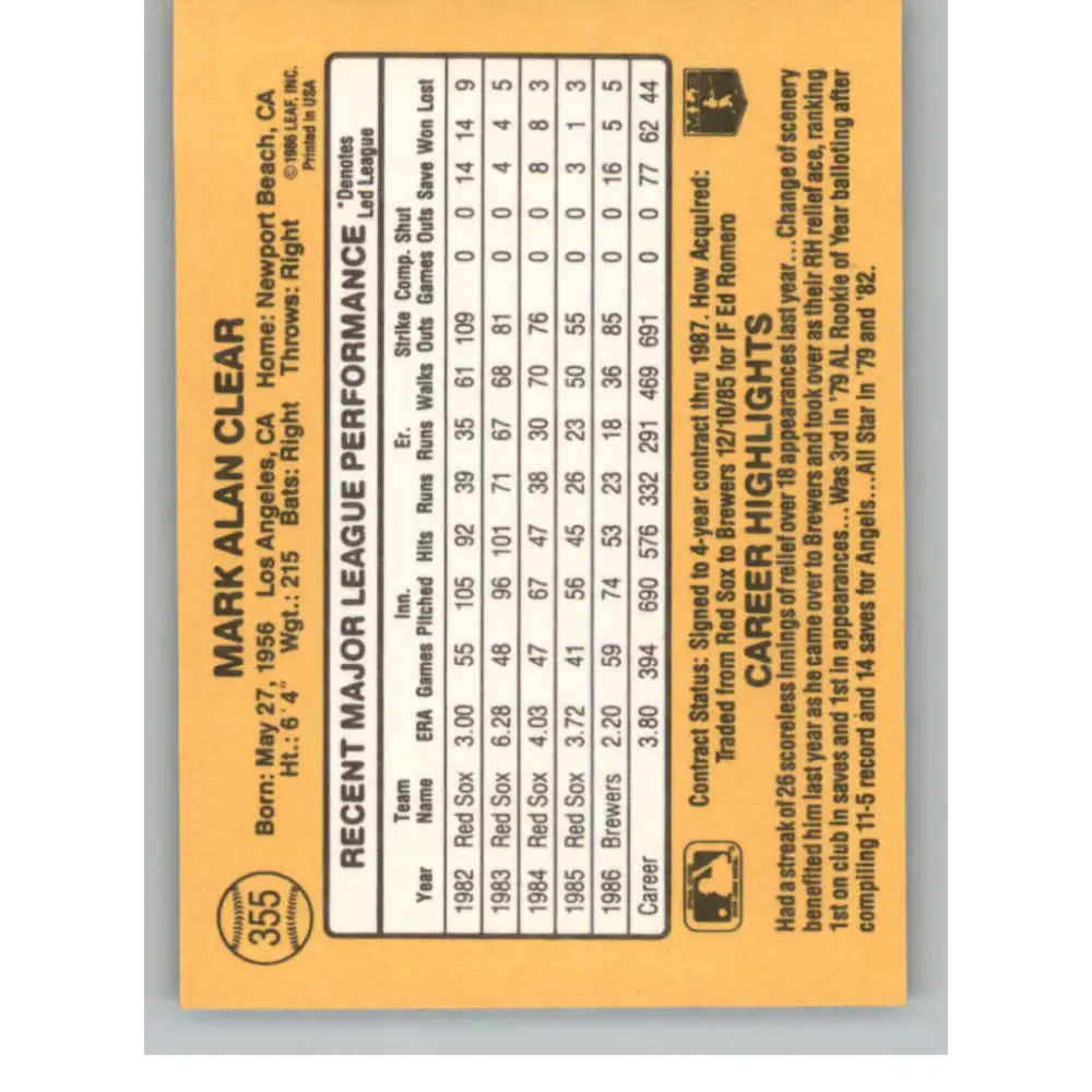 1987 Donruss #355 Mark Clear EX Excellent Milwaukee Brewers Baseball Card  Image 2