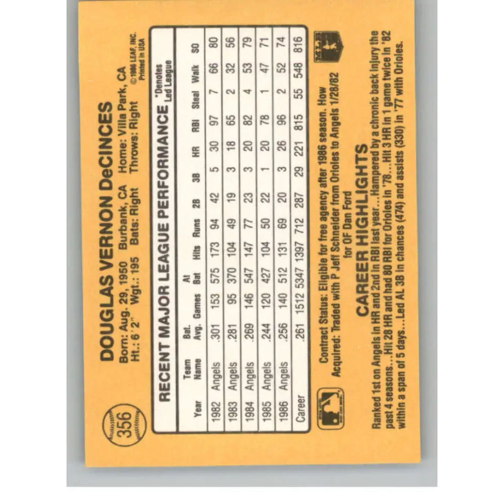 1987 Donruss #356 Doug DeCinces EX Excellent California Angels Baseball Card  Image 2