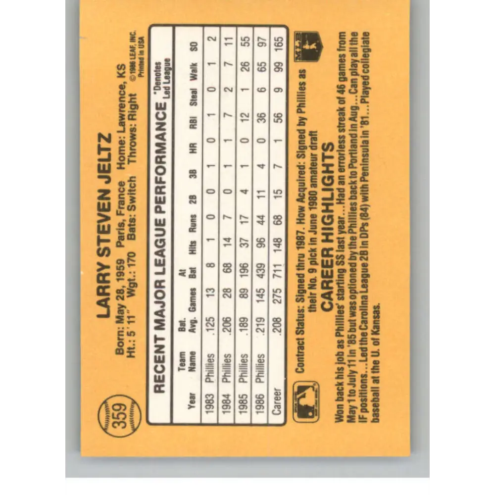 1987 Donruss #359 Steve Jeltz EX Excellent Philadelphia Phillies Baseball Card  Image 2